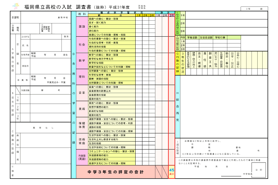 福岡県立高校の入試調査書（平成31年度版）