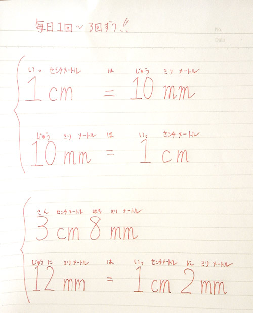 小学２年生・算数の宿題の画像。長さの基本的な暗誦。